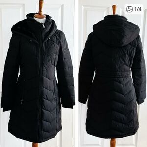 New Andrew Marc Women's Ladies Long Stretch Parka Hooded Puffer Jacket Black  XL